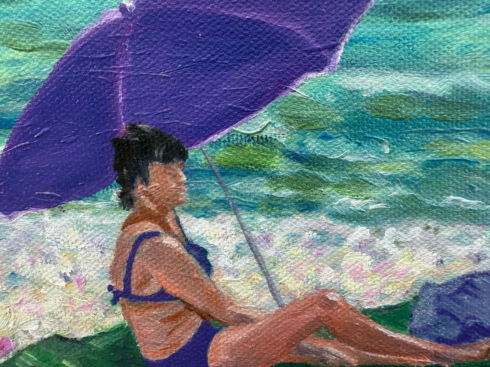 Bernadette Van Baarsen Turquoise & White Provençal Beach Scene In Oil On Canvas. 'Dame En Violet'.2025 photo furniture