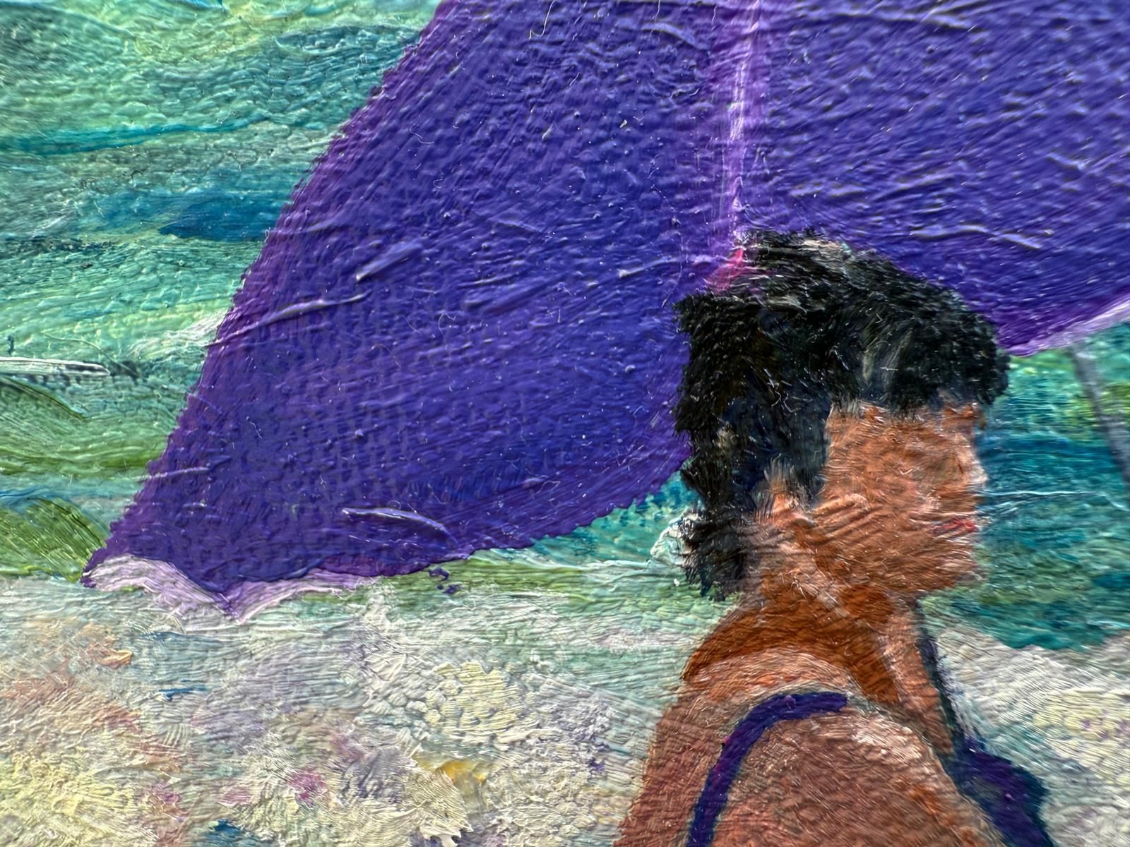 Bernadette Van Baarsen Turquoise & White Provençal Beach Scene In Oil On Canvas. 'Dame En Violet'.2025 photo buy
