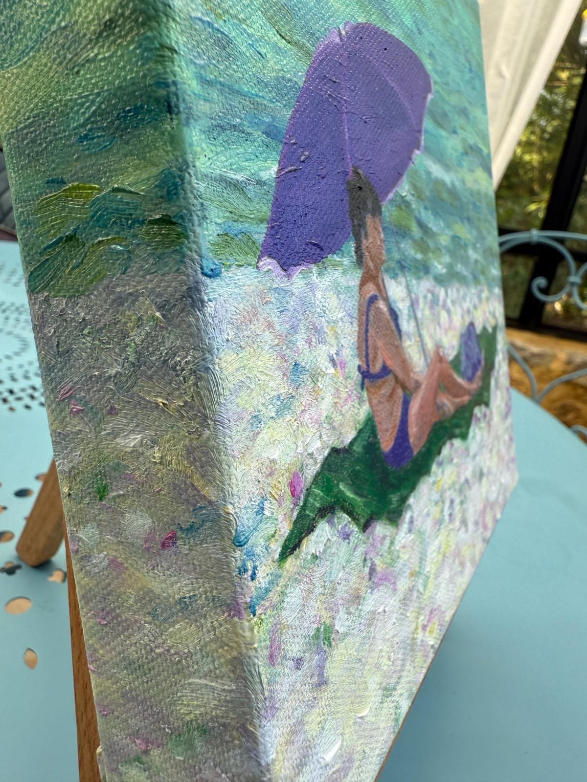 Art Bernadette Van Baarsen Turquoise & White Provençal Beach Scene In Oil On Canvas. 'Dame En Violet'.2025 photo