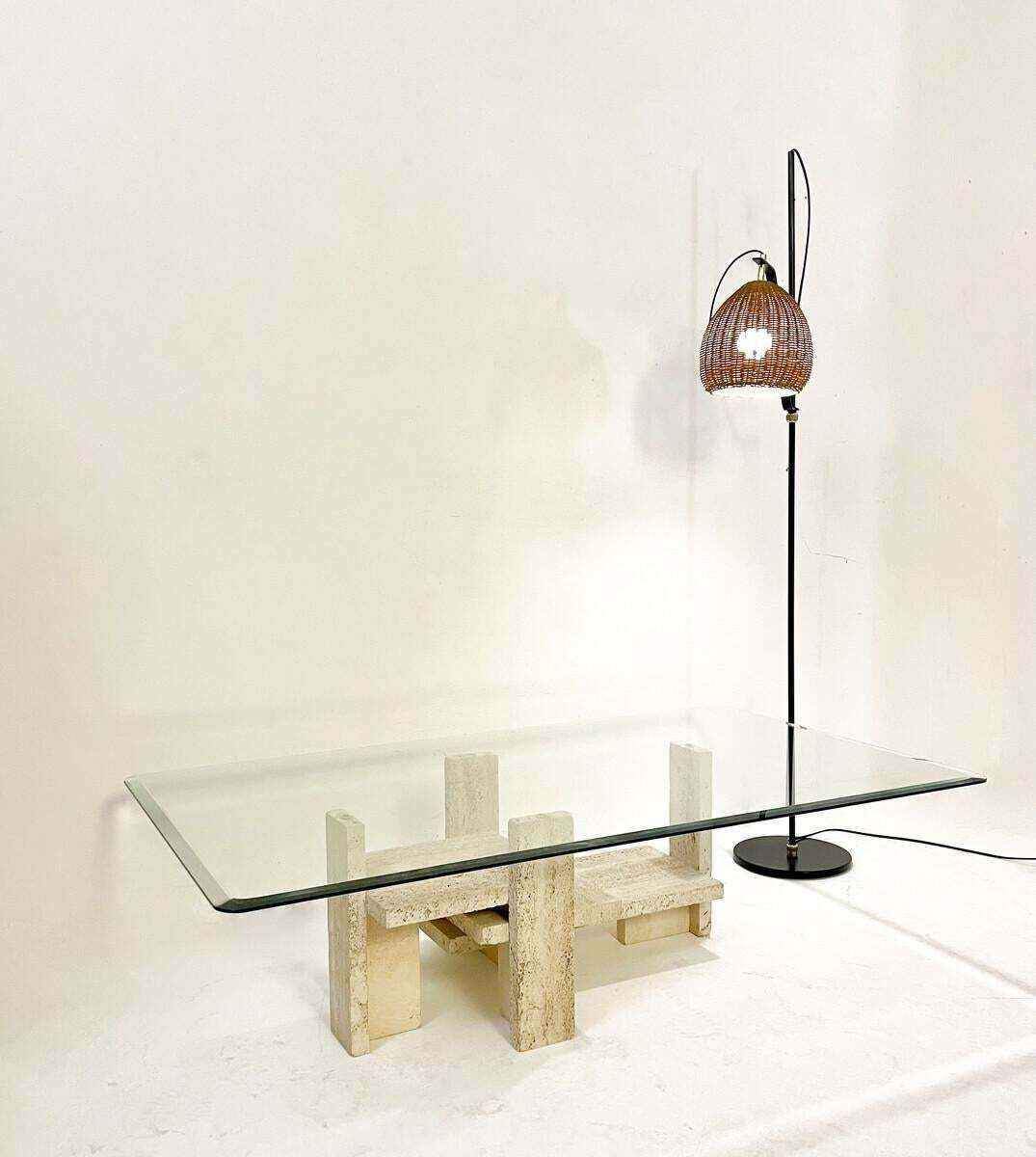 Mid Century Modern Glass And Travertine Coffee Table, Willy Ballez, 1970s photo vinterior