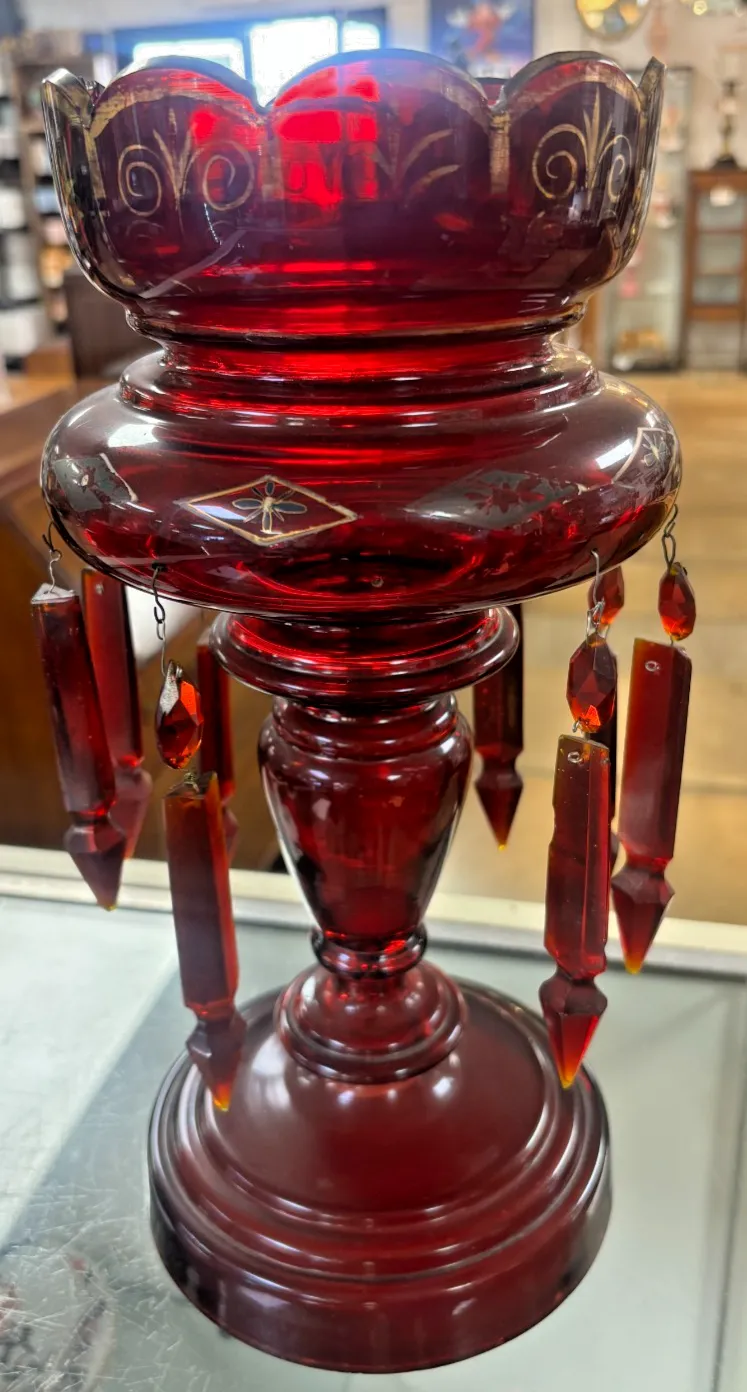 Antique Victorian Cranberry Glass Lustre As Found