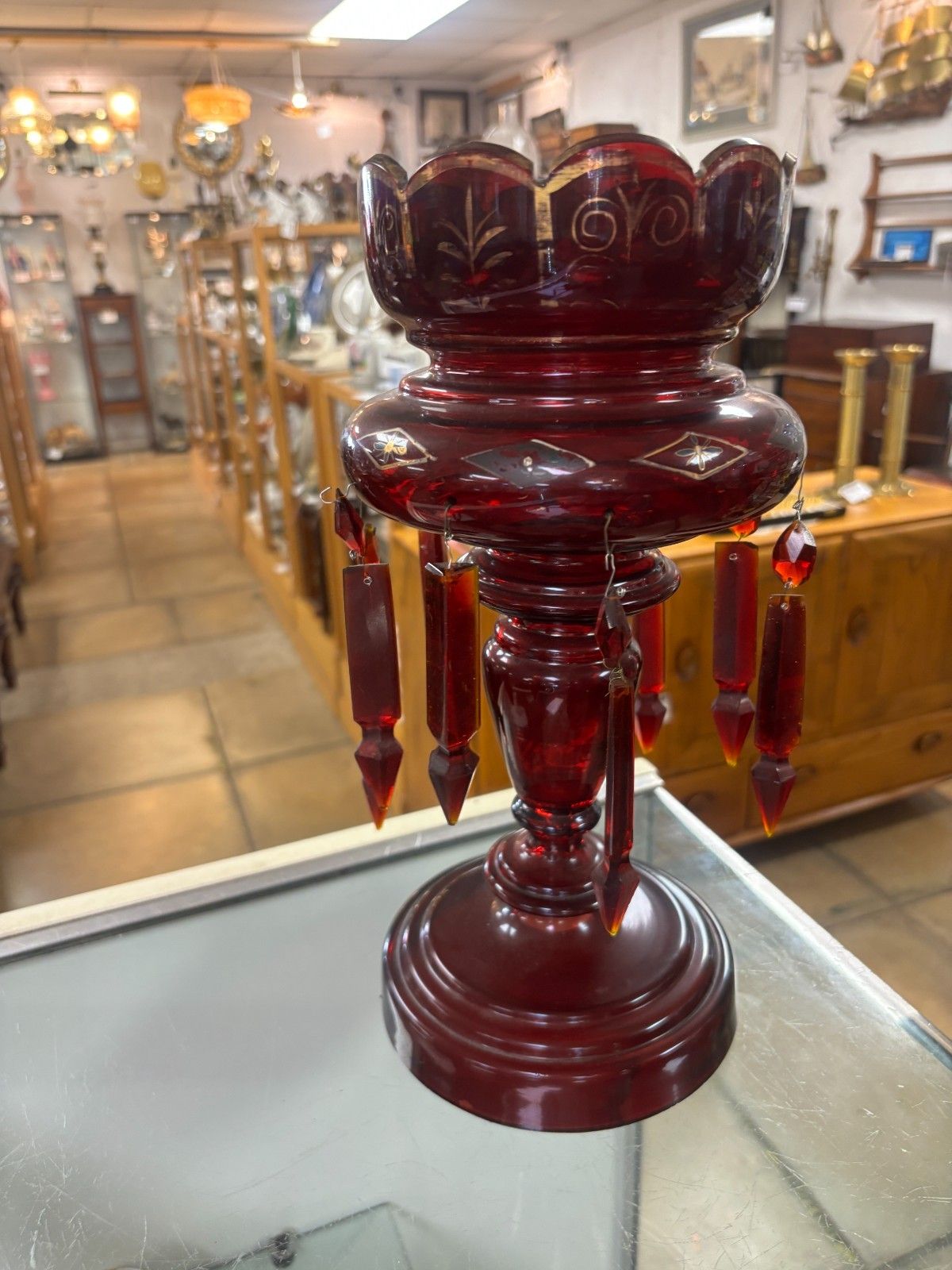 Antique Victorian Cranberry Glass Lustre As Found photo for sale