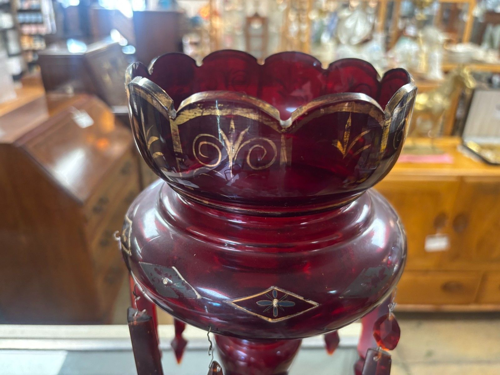 photo vinterior Antique Victorian Cranberry Glass Lustre As Found