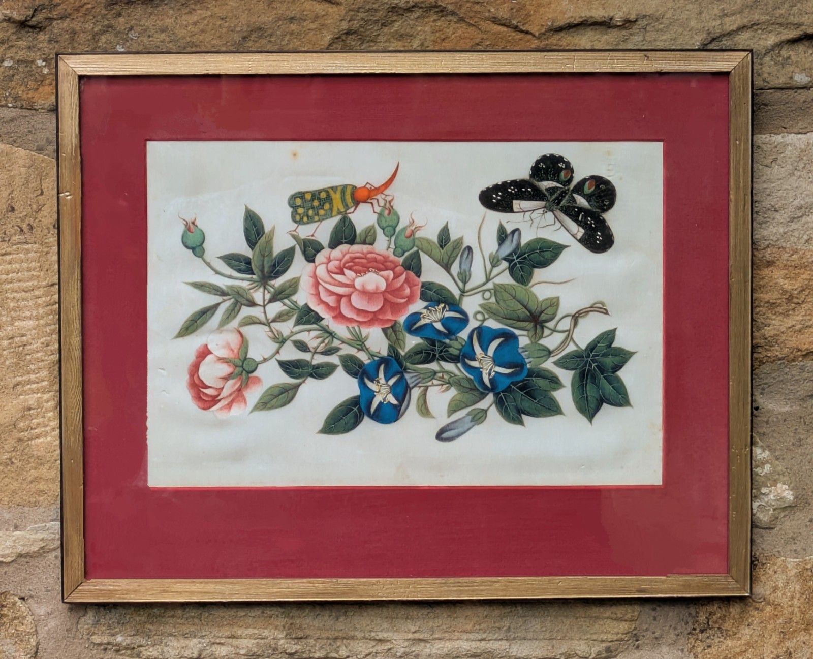 Antique Chinese Watercolour Painting Butterflies & Blossom