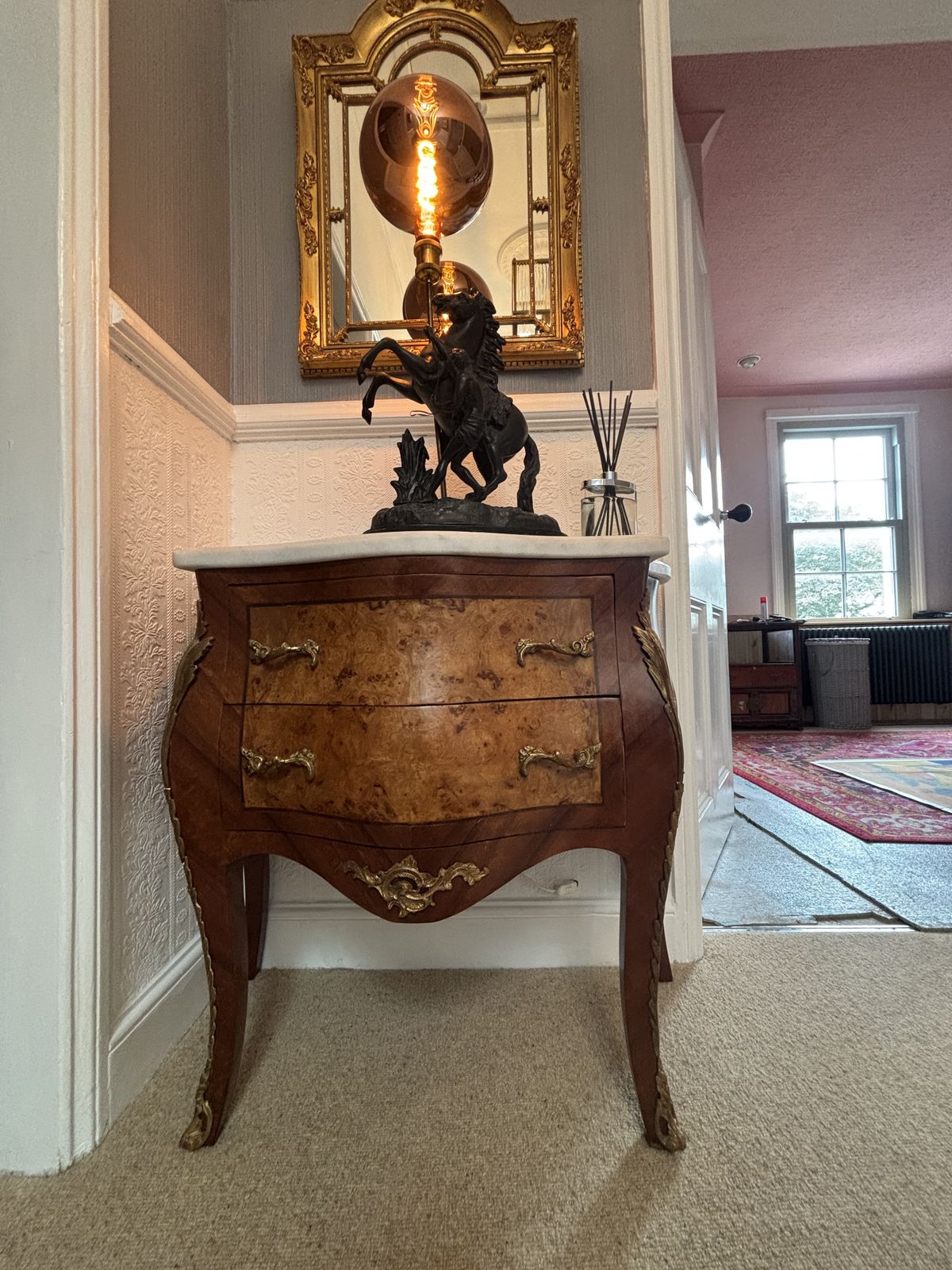 French Serpentine Walnut Veneered Commode/ Chest Of Drawers With Marble Top And Gilt Decoration photo 695.0