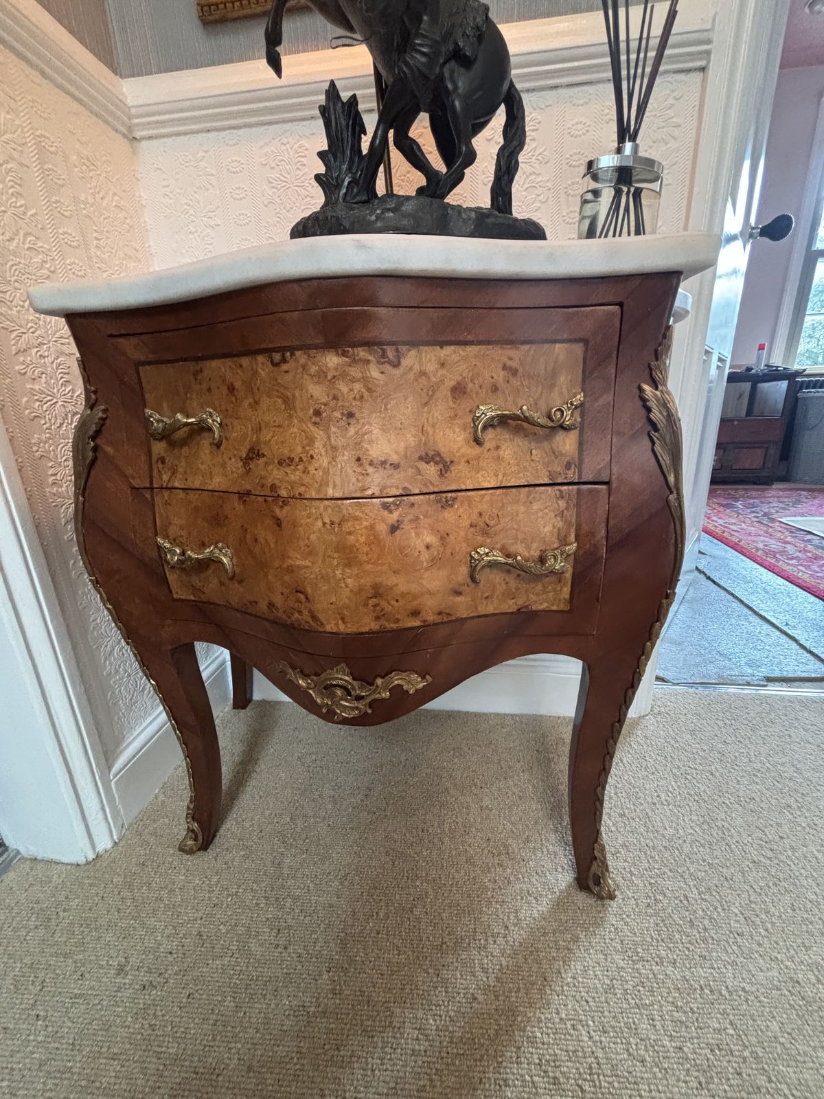 photo furniture French Serpentine Walnut Veneered Commode/ Chest Of Drawers With Marble Top And Gilt Decoration