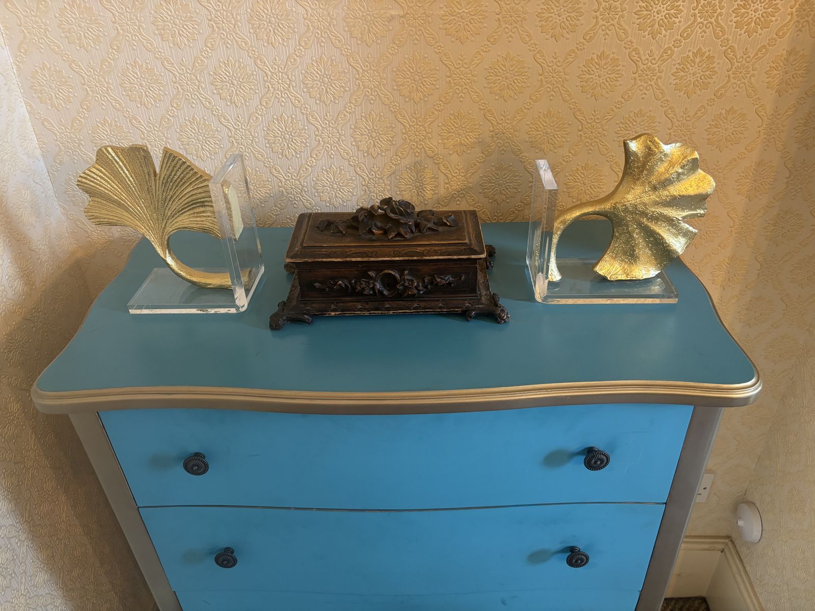 Set Of Turquoise And Bronze Painted Drawers With Metal Handles photo 350.0