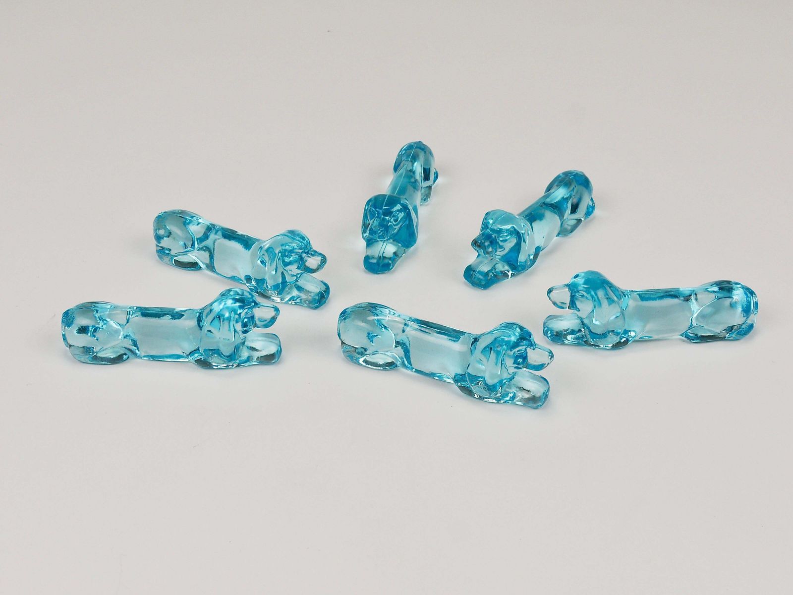 6 French Art Deco Dachshund Basset Hound Knife Rests, Light Blue Glass, 1930s photo furniture