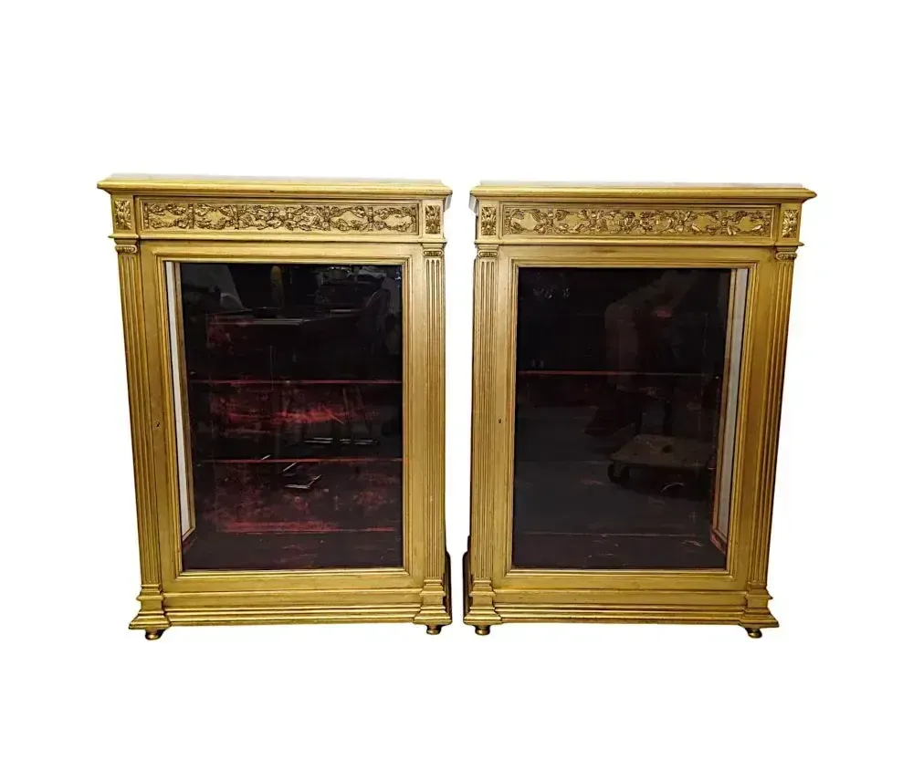 A Very Rare And Unusual 19th Century Pair Of Giltwood Marble Top Pier Cabinets