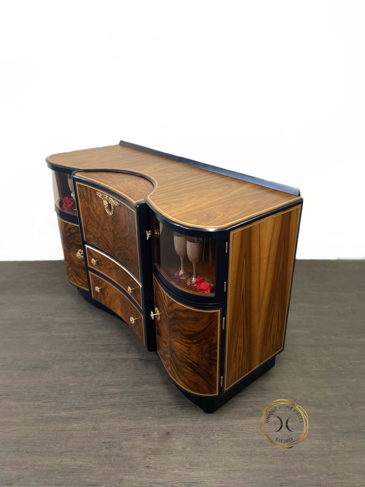 Beautility Navy Blue Gold Walnut 1950s Cocktail Cabinet photo for sale
