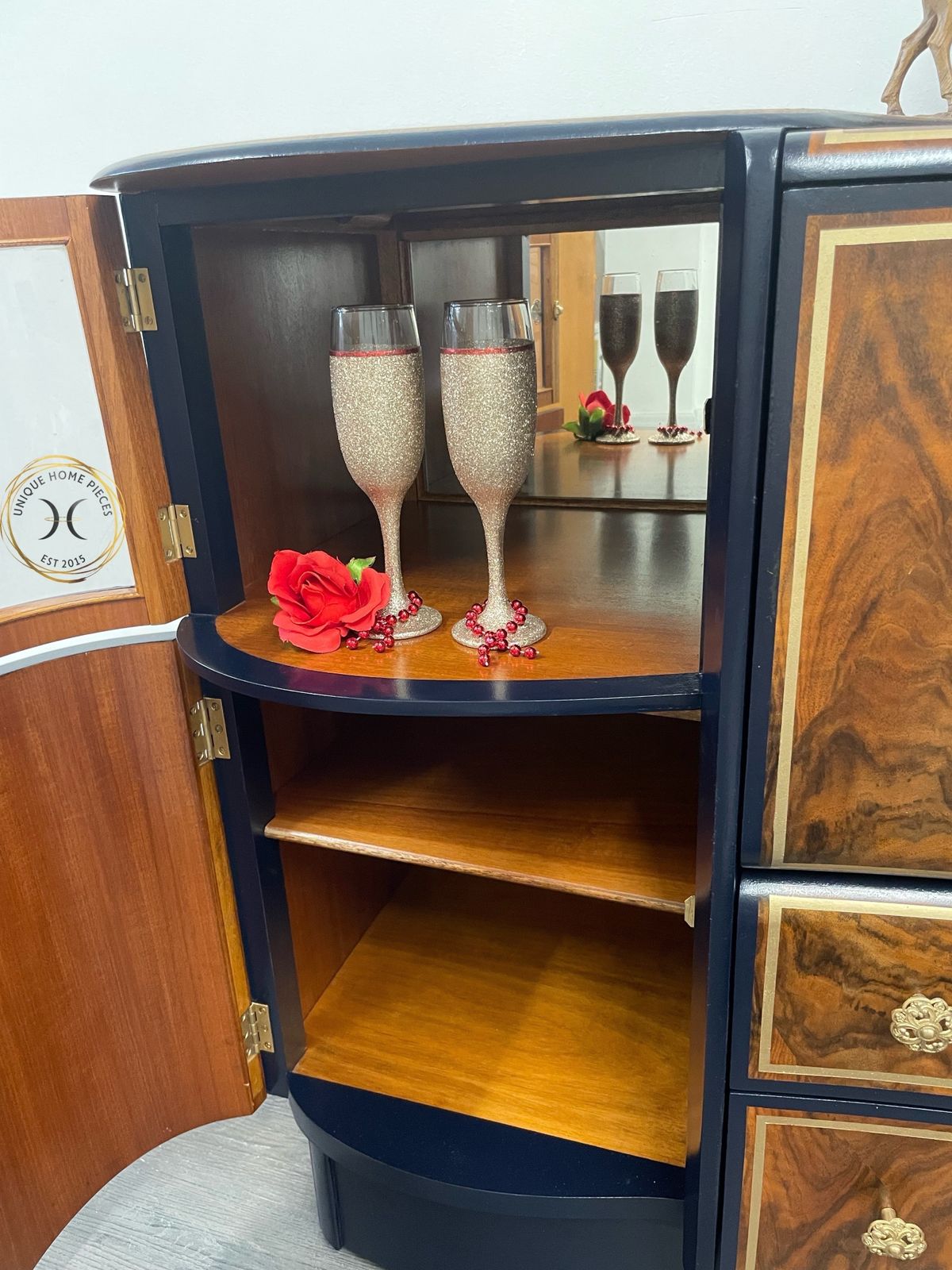 Furniture Beautility Navy Blue Gold Walnut 1950s Cocktail Cabinet photo