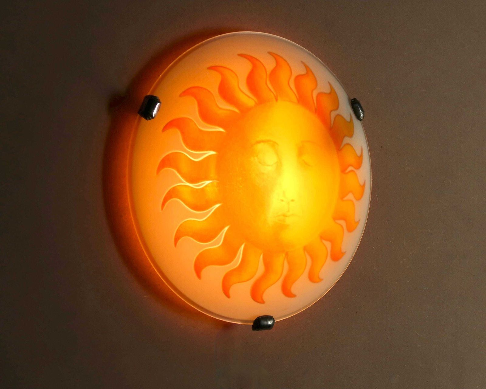 Wall Glass Sconce Or Ceiling Lighting: Yellow Orange Sunface, 1980s / Lamp, Piero Fornasetti Style, Massive photo for sale