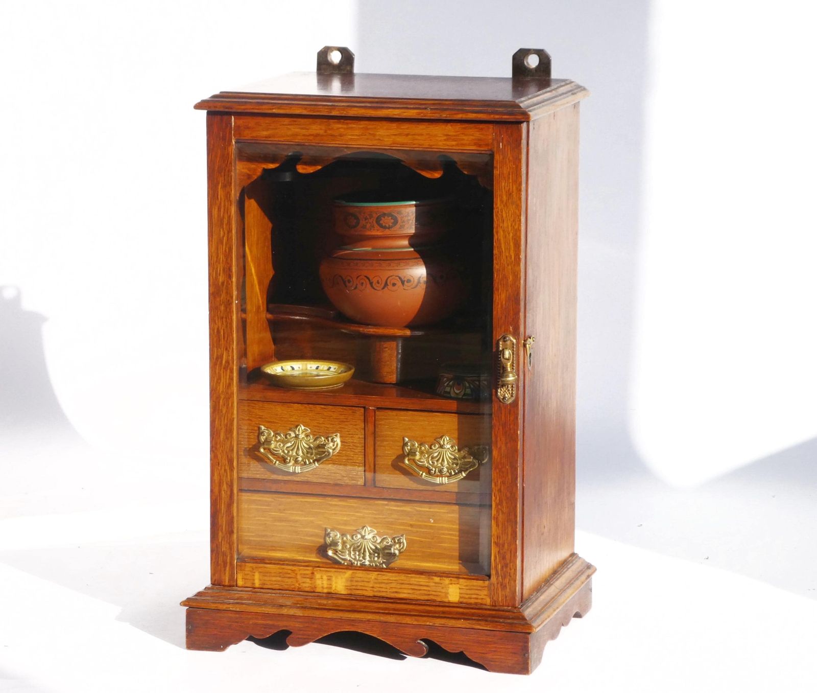 Edwardian Antique Oak Smokers Cabinet, Small Humidor Cabinet With Brass Details And Ceramic Pot With Plates, Wooden Display With Drawers