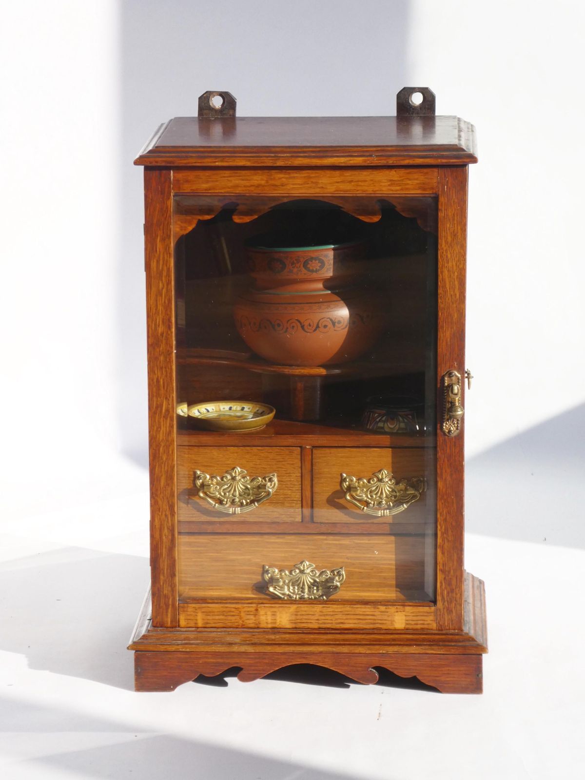 Edwardian Antique Oak Smokers Cabinet, Small Humidor Cabinet With Brass Details And Ceramic Pot With Plates, Wooden Display With Drawers photo vintage