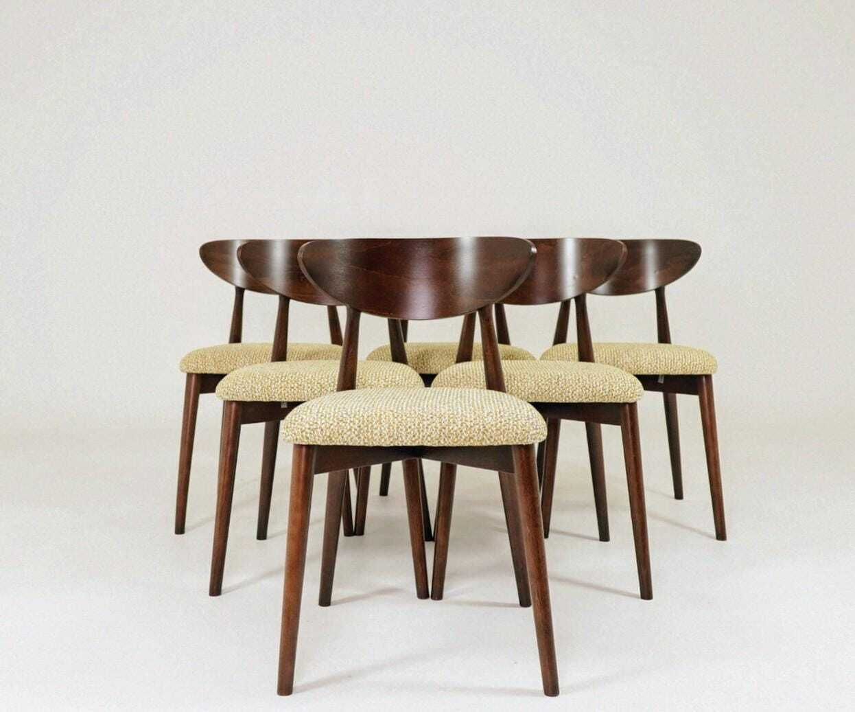 Set Of 6 Dining Chairs, Light Beech Wood, Green Pattern Fabric, Modern Design photo buy