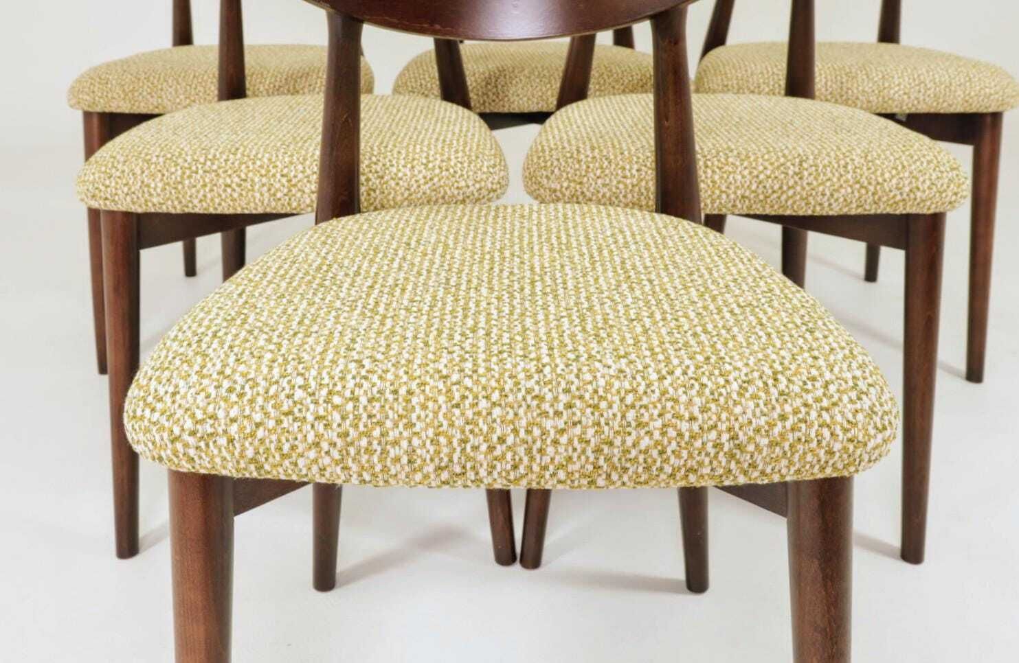 Set Of 6 Dining Chairs, Light Beech Wood, Green Pattern Fabric, Modern Design photo vintage