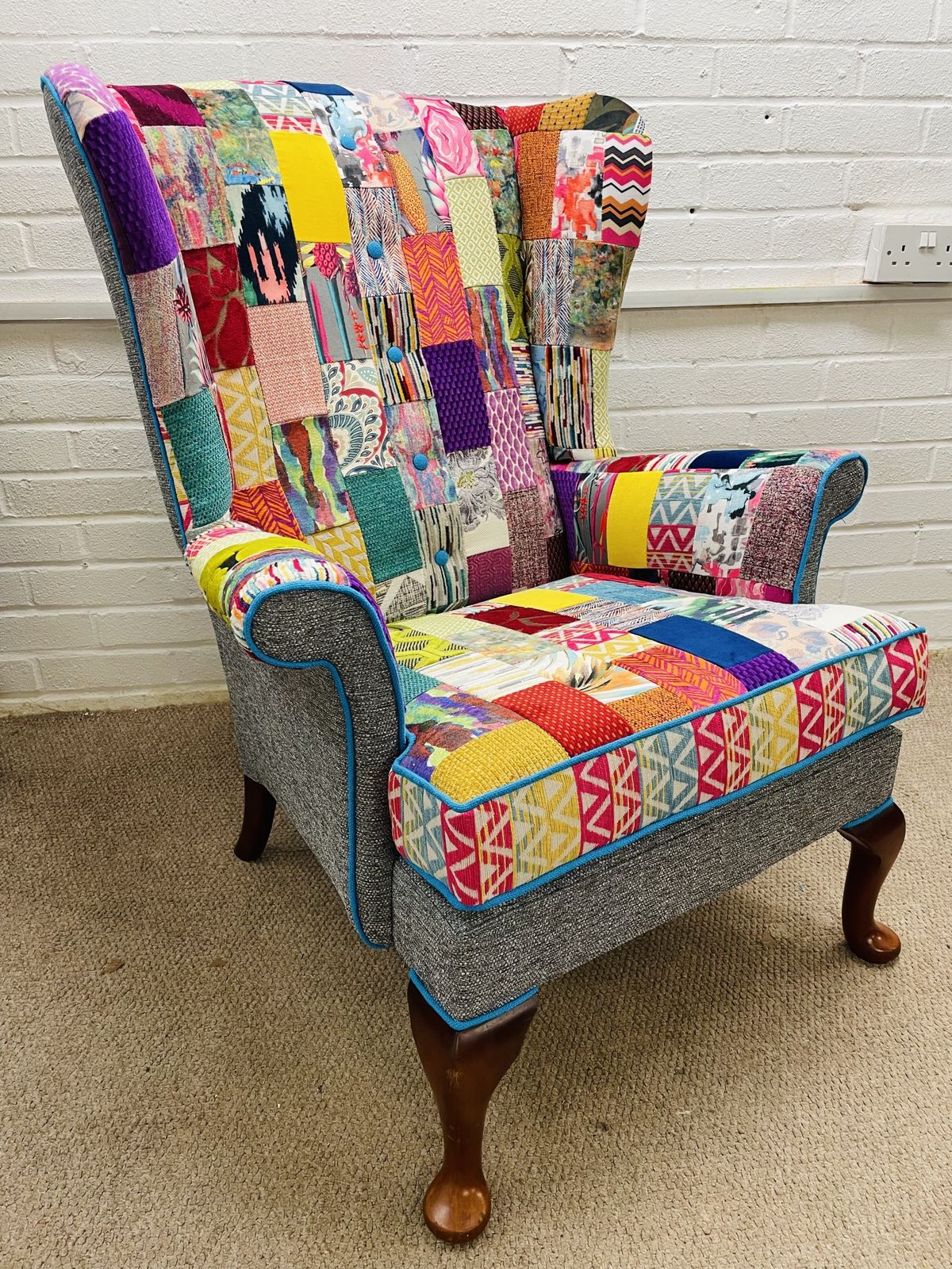 Furniture Parker Knoll Wingback Chair Reupholstered In Bright Colours Patchwork Design photo