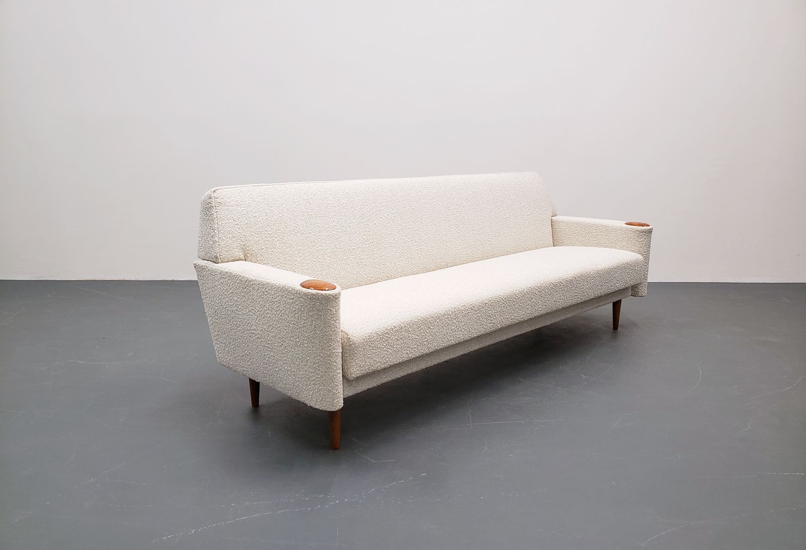 photo furniture Mid Century Danish Sofa In Premium Ivory Boucle