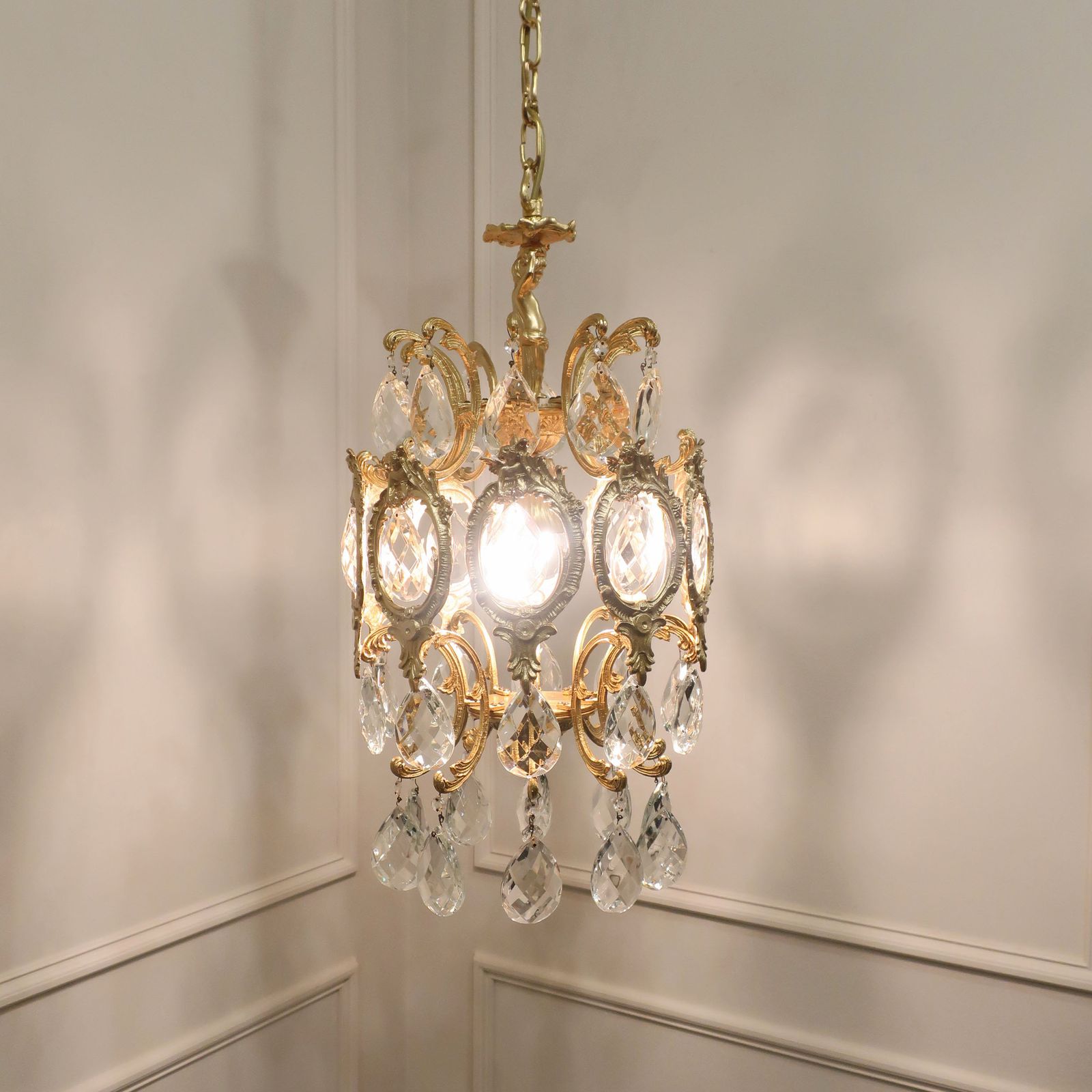 French Mid Century Brass & Faceted Glass Chandelier photo furniture