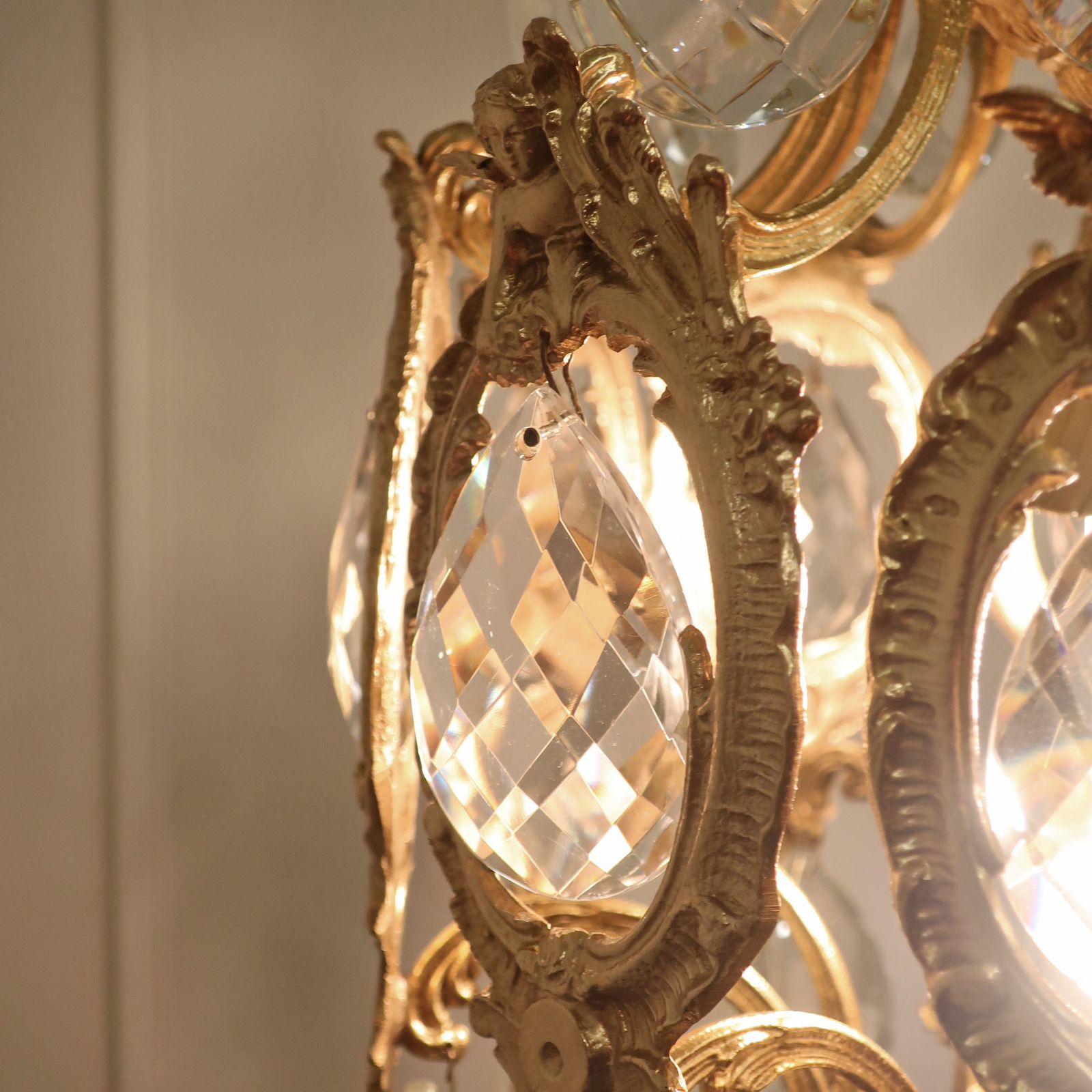 French Mid Century Brass & Faceted Glass Chandelier photo vintage