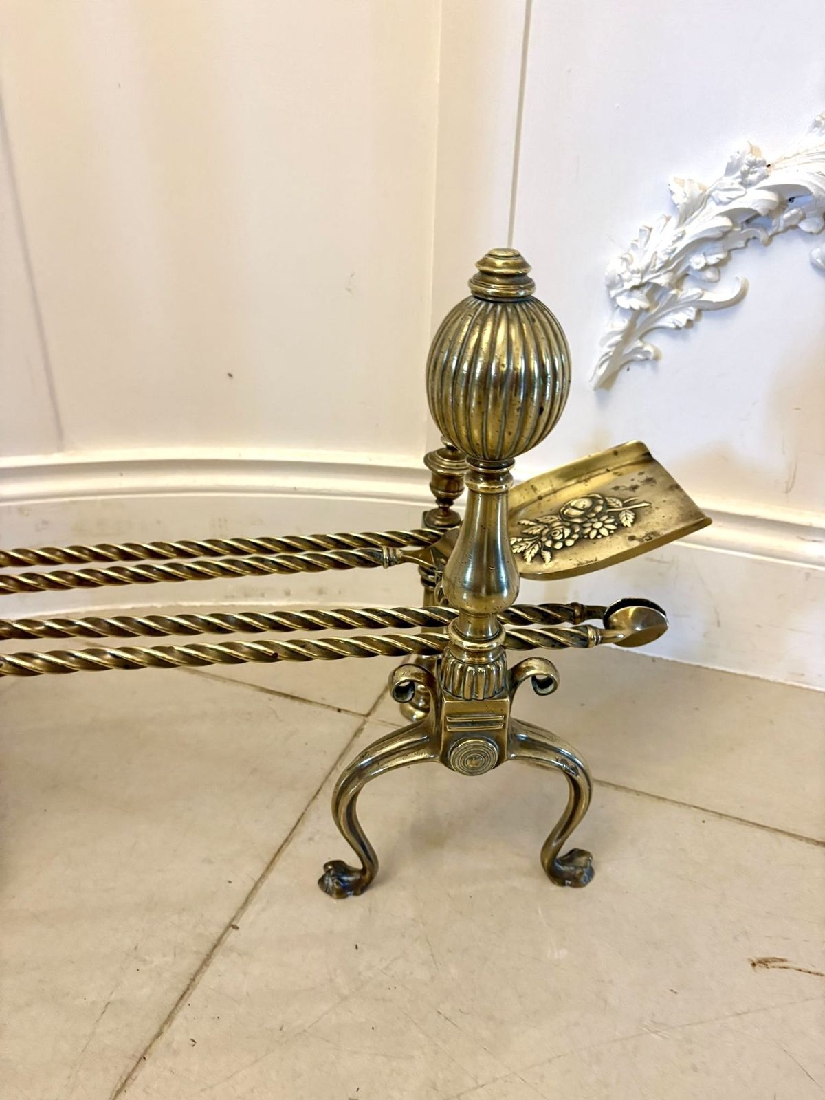 Set Of Quality Antique 19th Century Brass Fire Irons And Dogs photo for sale
