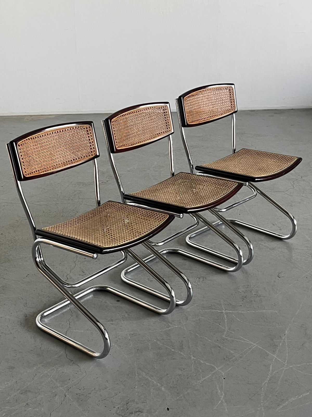 1 Of 3 Vintage Cantilever Dining Chairs In Wood, Wickered Cane And Chrome In The Style Of Marcel Breuer, Mid Century Modern, 1970s Italy photo for sale