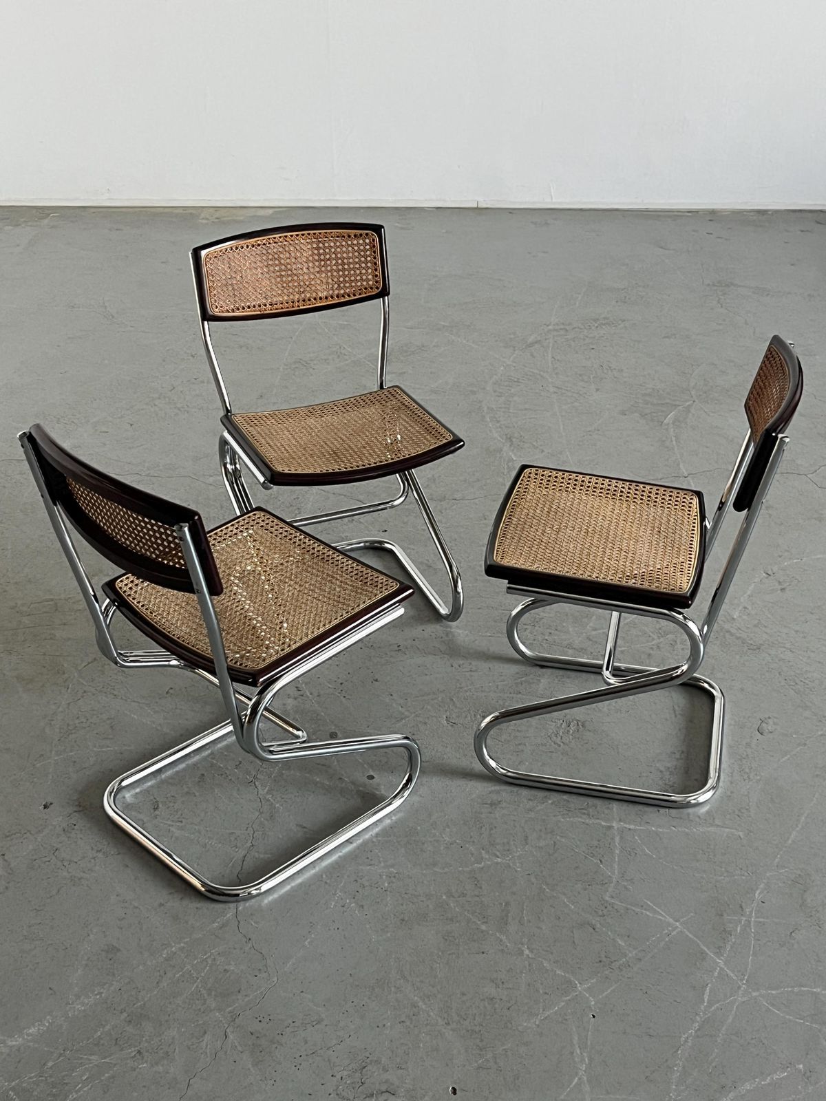 1 Of 3 Vintage Cantilever Dining Chairs In Wood, Wickered Cane And Chrome In The Style Of Marcel Breuer, Mid Century Modern, 1970s Italy photo Furniture