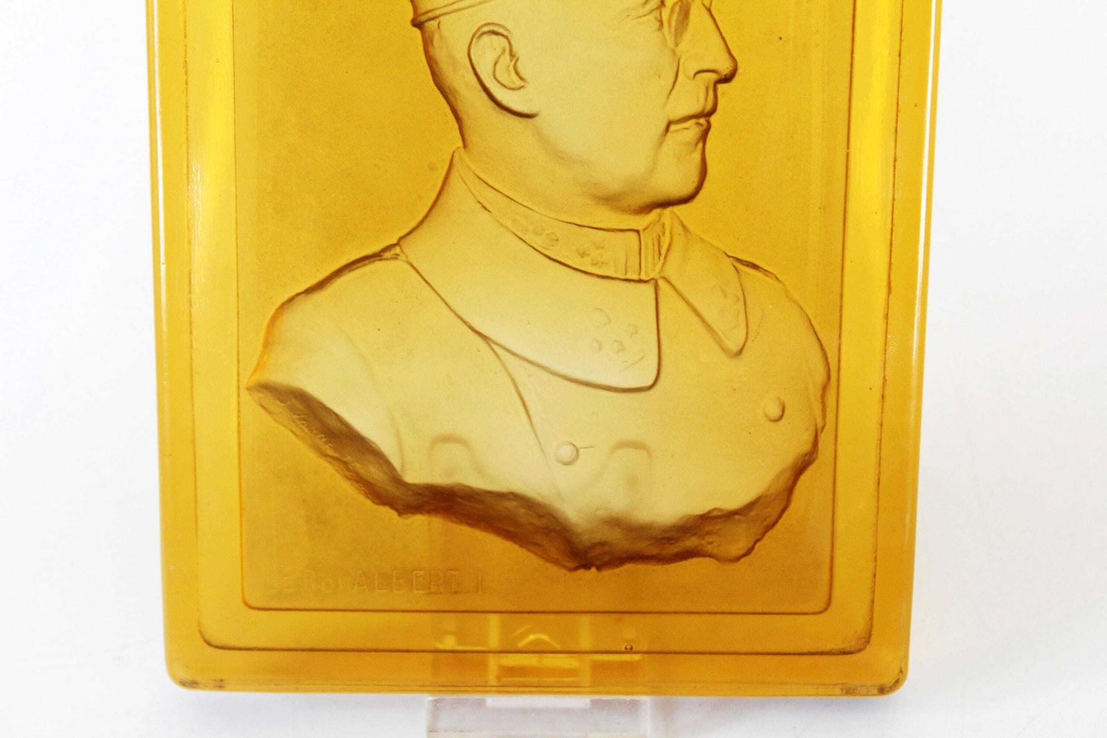 Antique Large Glass Tile With Belgium King Albert 1st, Val Saint Lambert Luxval, Amber Honey Gold Pressed Glass, Military Uniform Profile photo for sale