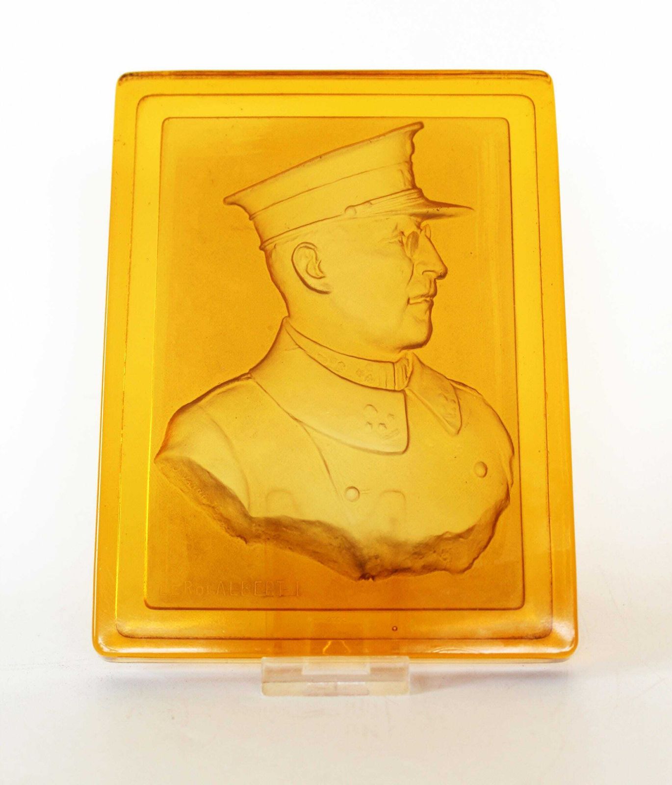 Antique Large Glass Tile With Belgium King Albert 1st, Val Saint Lambert Luxval, Amber Honey Gold Pressed Glass, Military Uniform Profile photo Art