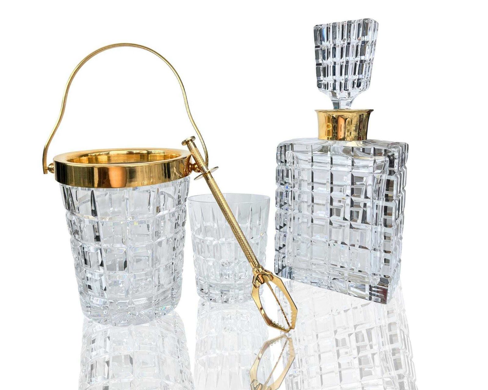 Vintage Crystal Bar Set | Manhattan Style | Decanter + Ice Bucket + Glass + Grabber