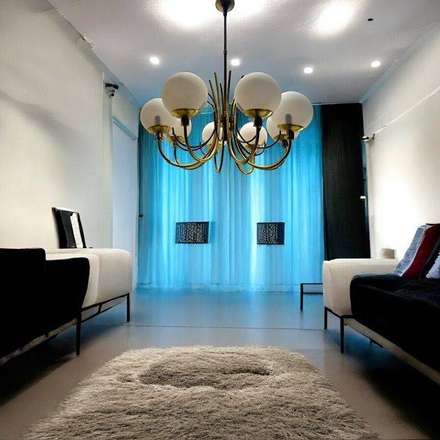 Large Brass Chandelier With White Glass Shades, Italy, 1960s photo furniture