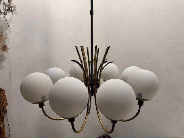 Large Brass Chandelier With White Glass Shades, Italy, 1960s photo vinterior