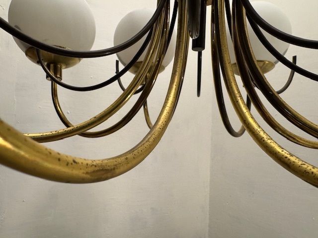 Large Brass Chandelier With White Glass Shades, Italy, 1960s photo buy