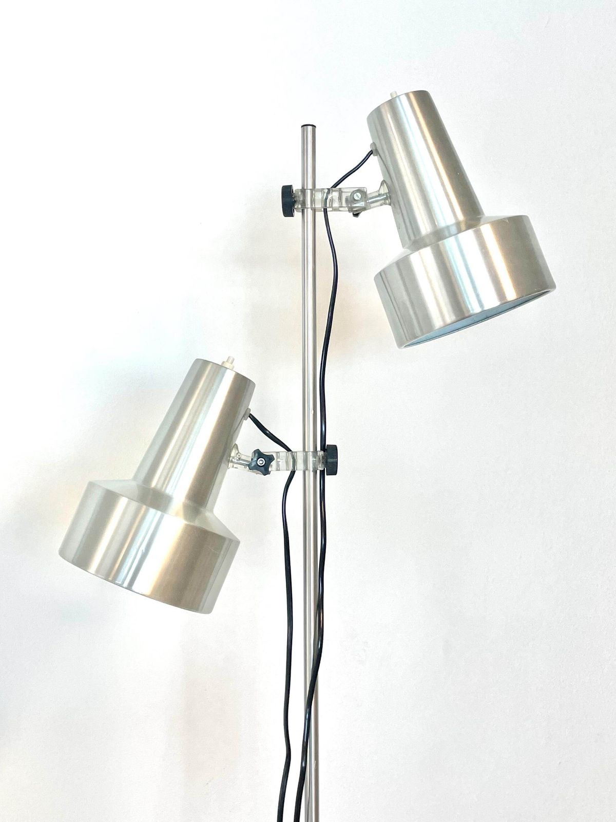 Danish Vintage Mid Century Minimalist Design Floor Lamp In Silver Aluminium With Adjustable Twin Shades And Cool Plastic Details photo for sale