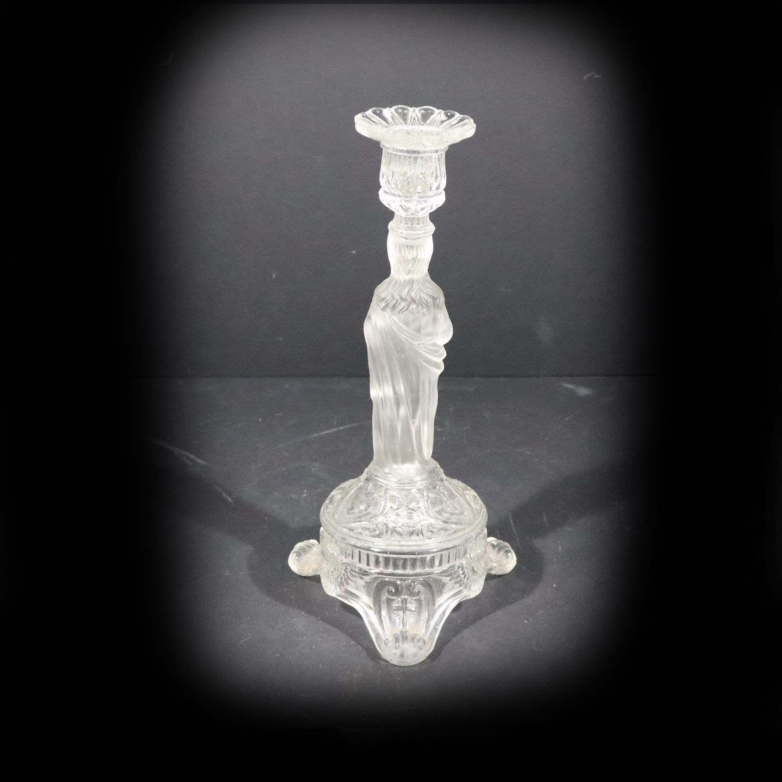 Art Deco Sacred Heart Jesus Statue Candle Holder Antique Frosted Satin Glass Candlestick Religious Altar photo for sale