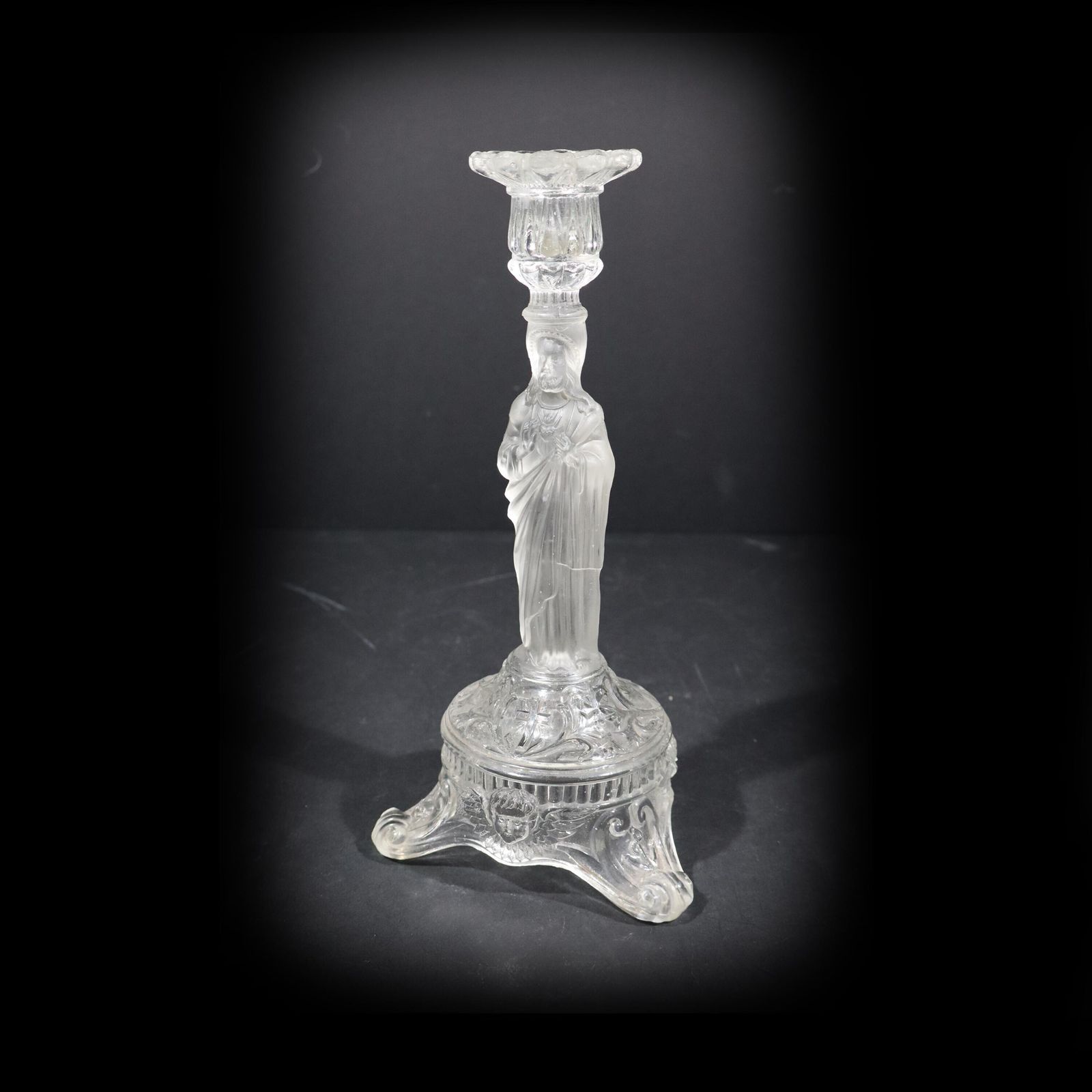 Art Deco Sacred Heart Jesus Statue Candle Holder Antique Frosted Satin Glass Candlestick Religious Altar photo Home Decor
