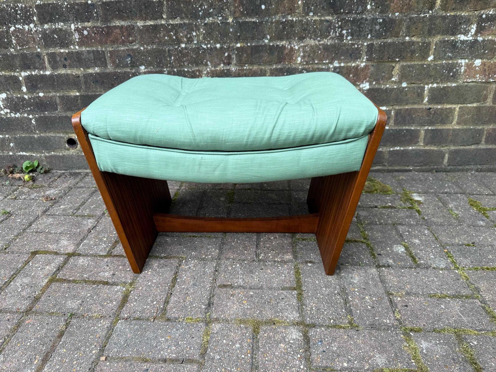 Vintage Meredew Dressing Stool – Mid Century Modern Stool With Afromosia Frame & Mint Green Upholstery, 1960s Bedroom Seating photo furniture