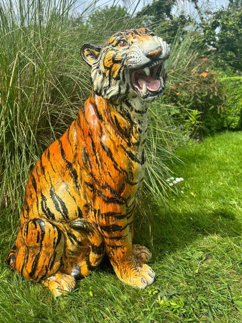 Vintage Mid Century Modern Hollywood Regency Italian Ceramic Tiger Statue / Sculpture photo furniture