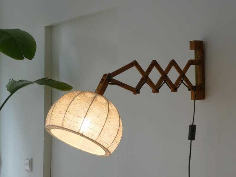 Scandinavian Accordion Style Vintage Wooden Lamp, Extendable Scissor Lamp With Fabric Shade, Mid Century Wall Lamp photo furniture