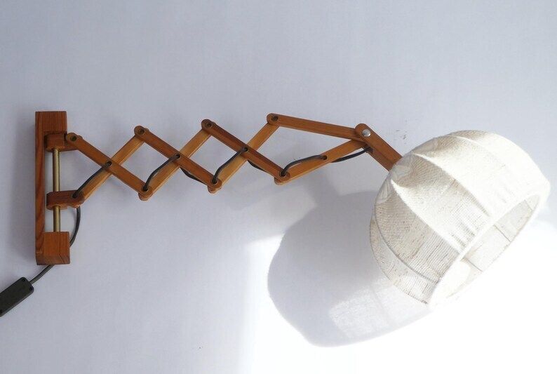 Scandinavian Accordion Style Vintage Wooden Lamp, Extendable Scissor Lamp With Fabric Shade, Mid Century Wall Lamp photo for sale