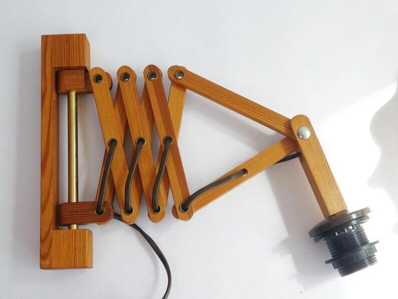 Scandinavian Accordion Style Vintage Wooden Lamp, Extendable Scissor Lamp With Fabric Shade, Mid Century Wall Lamp photo buy