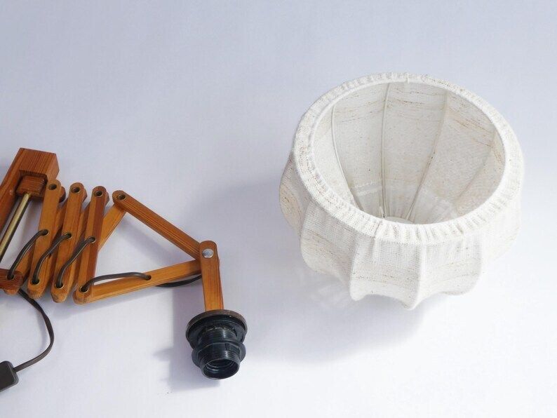 Scandinavian Accordion Style Vintage Wooden Lamp, Extendable Scissor Lamp With Fabric Shade, Mid Century Wall Lamp photo vintage