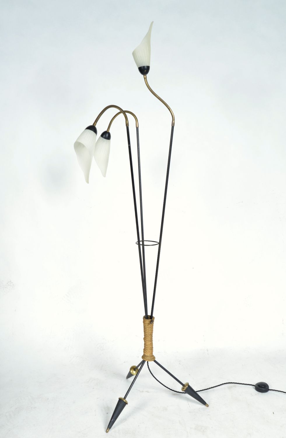 Midcentury 3 Arm Swan Neck French Tripod Standard Floor Lamp Brass Glass Steel 1950s photo 995.0
