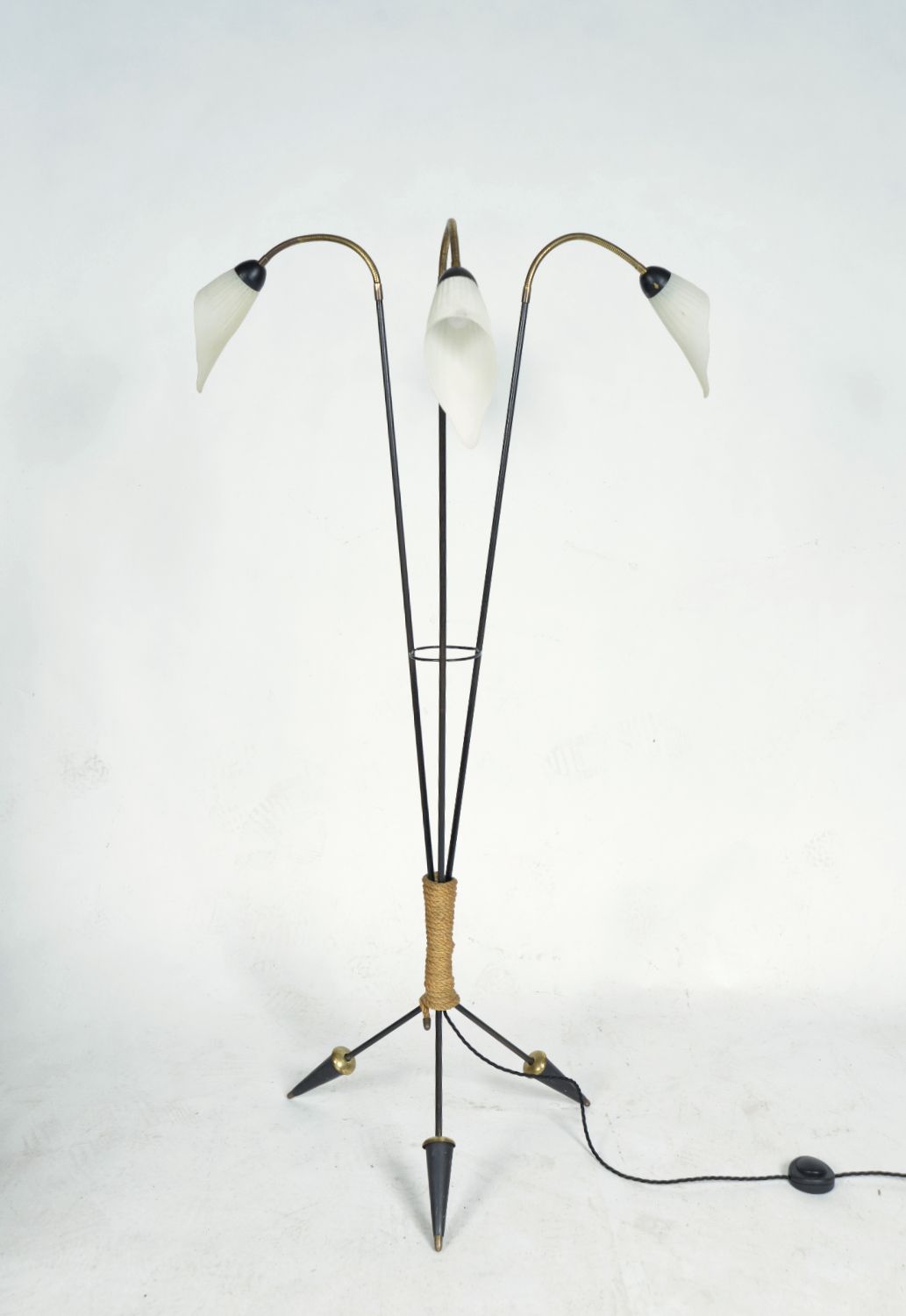 Midcentury 3 Arm Swan Neck French Tripod Standard Floor Lamp Brass Glass Steel 1950s photo for sale