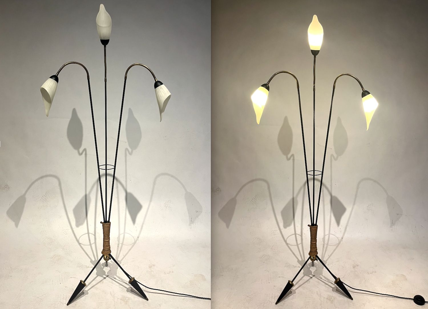 Midcentury 3 Arm Swan Neck French Tripod Standard Floor Lamp Brass Glass Steel 1950s photo buy