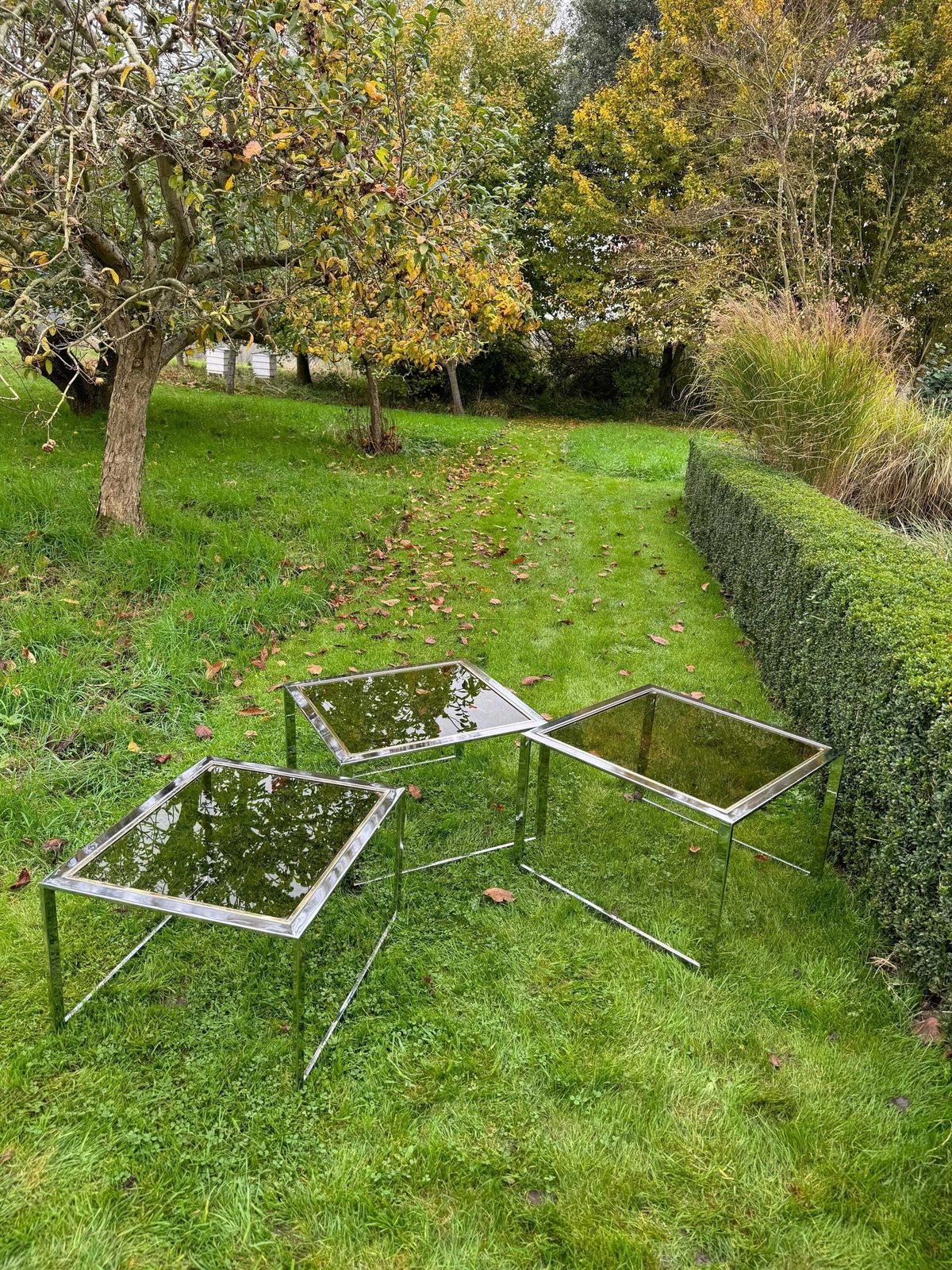 Milo Baughman Mid Century Modern Nest Of Three Chrome And Glass Tables