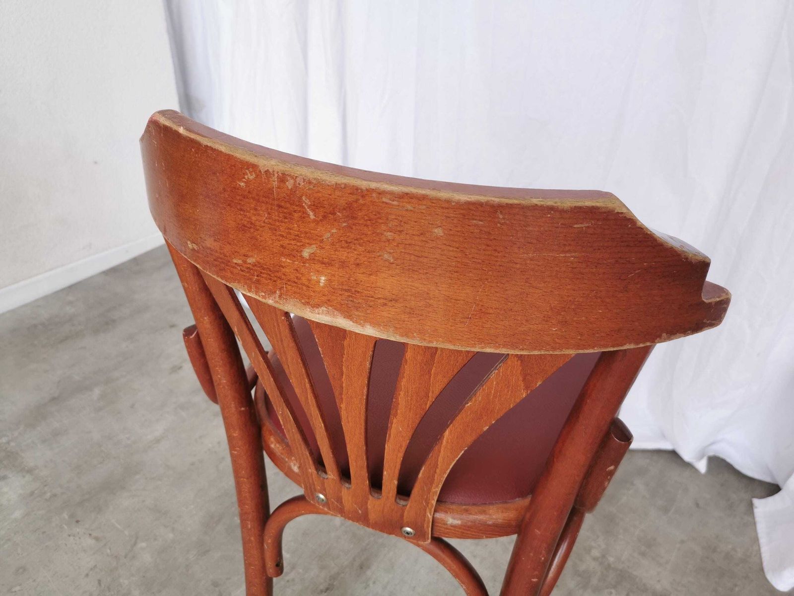photo for sale Vintage Bentwood Dining Chair With Fan Backrest / 1970s / Thonet Style / Dark Wood Frame And Faux Leather Seat / Irish Pub Style