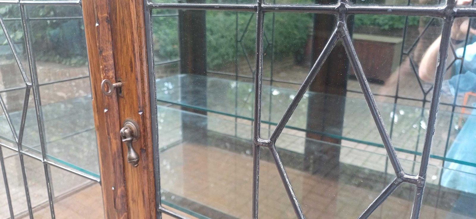Massive Antique Arts & Crafts Oak Display Cabinet Leaded Glass Bookcase With Mirrored Back Glass Shelves Shopfitting photo for sale