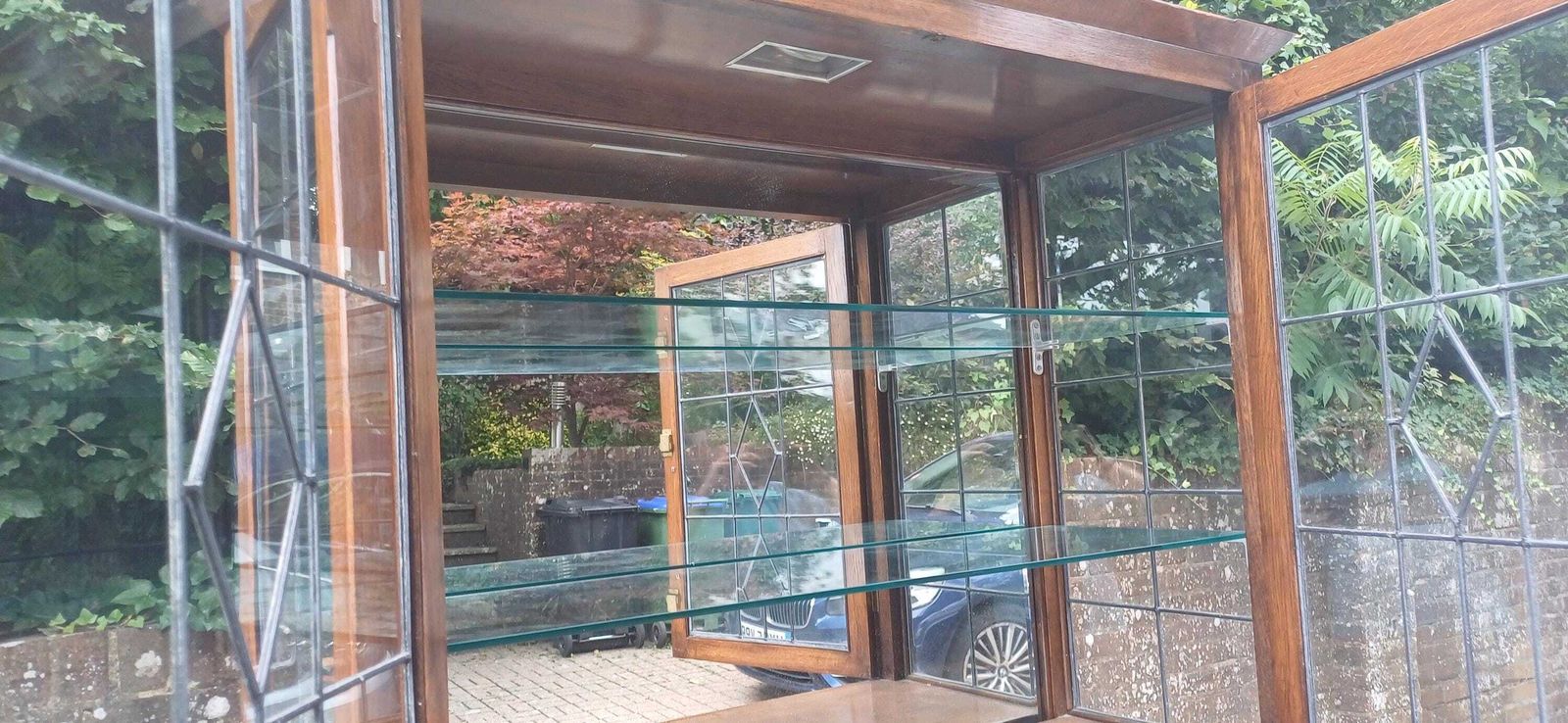 Massive Antique Arts & Crafts Oak Display Cabinet Leaded Glass Bookcase With Mirrored Back Glass Shelves Shopfitting photo buy
