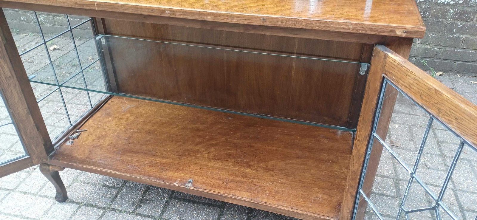Massive Antique Arts & Crafts Oak Display Cabinet Leaded Glass Bookcase With Mirrored Back Glass Shelves Shopfitting photo vintage